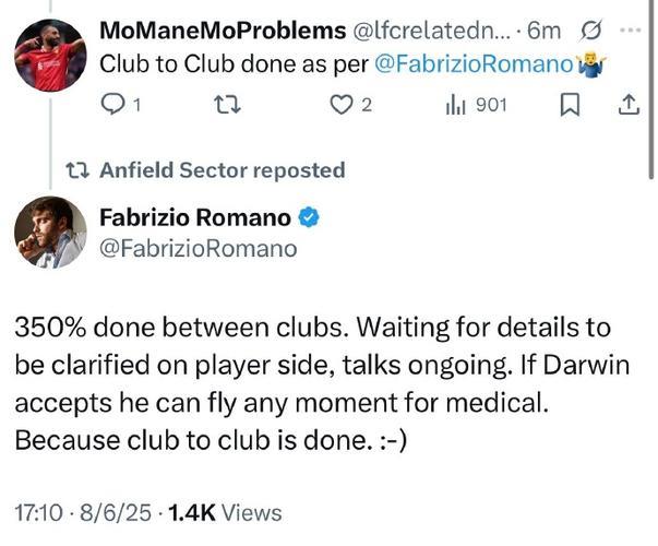 记者：利雅得新月联系了努涅斯的经纪人和利物浦，但尚未正式报价